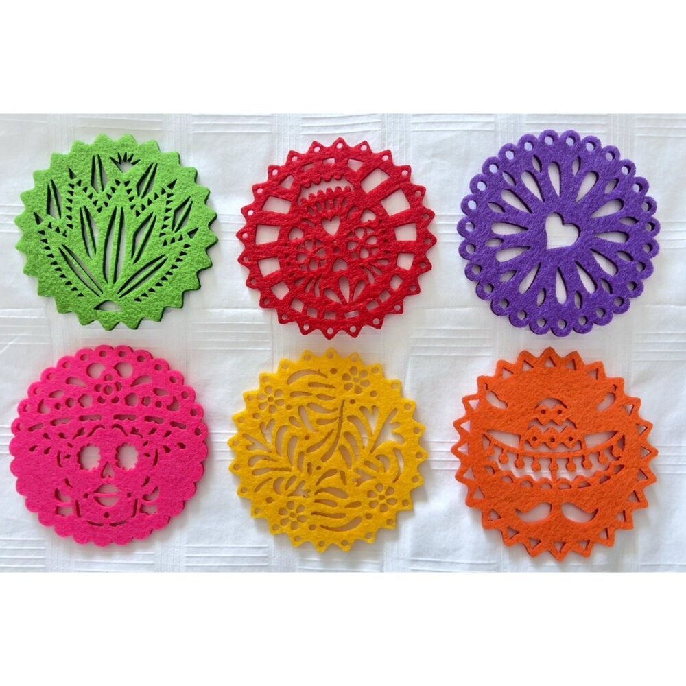 Set 6 Felt COASTERS COLORFUL Gaudalajara Cactus Sombrero Skull Heart Barware FUN